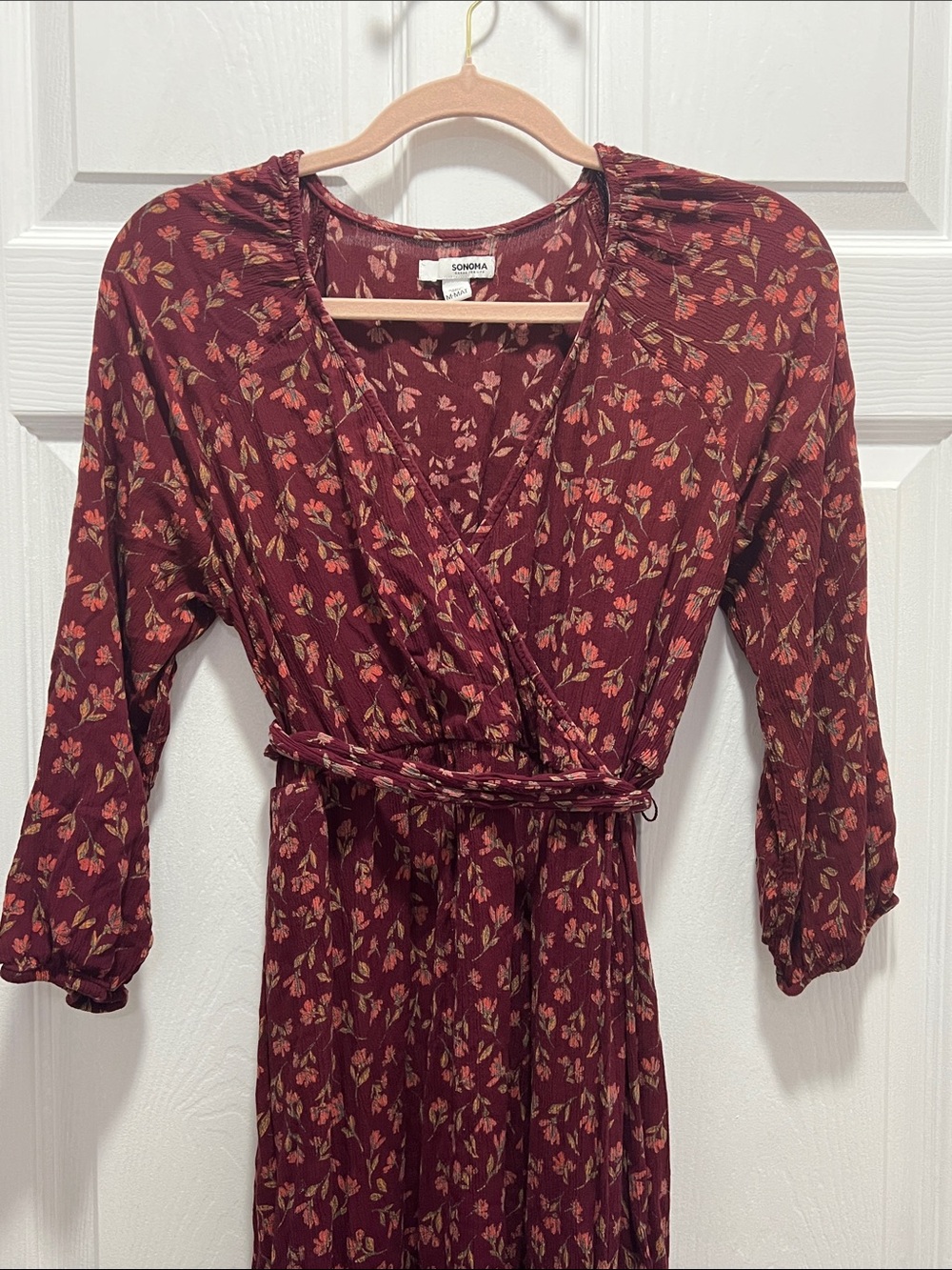 Sonoma Maroon Floral Wrap Dress with Tie Waist Maternity M